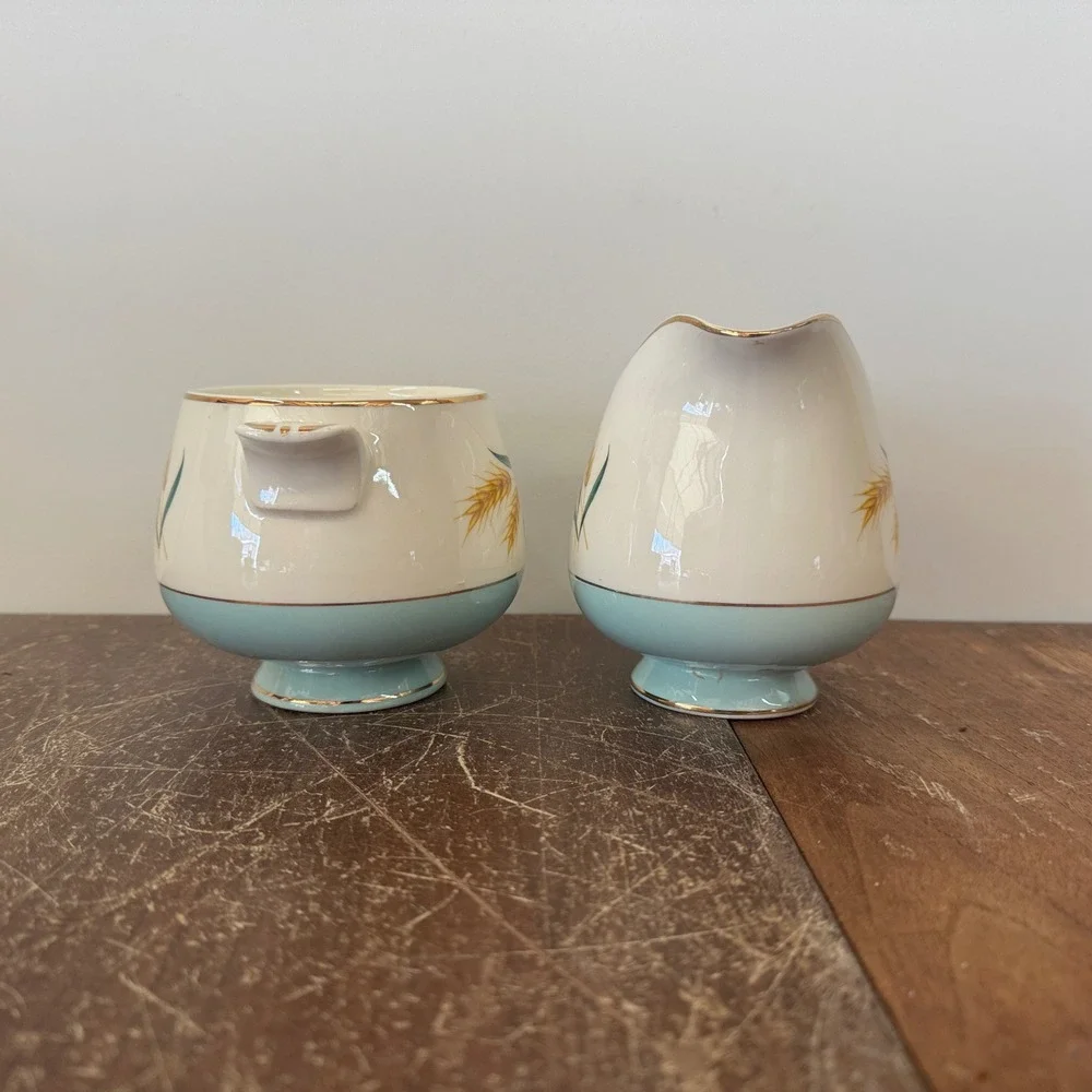 Vintage Creamer and Sugar Bowl Set Golden Wheat‎ Blue Base Gold Trim MCM